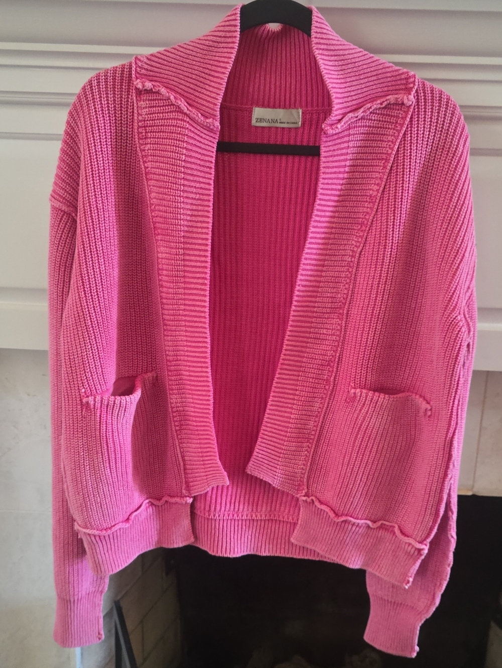 Zenana Outfitters Washed Bright Pink Ribbed Open-Front Cardigan